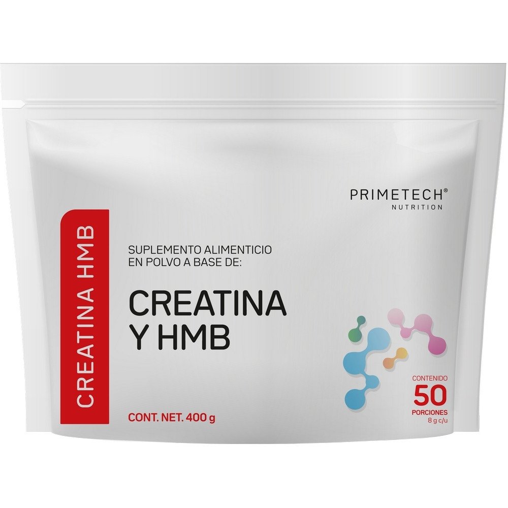 Creatina y HMB en polvo en envase blanco, etiqueta roja lateral izquierda y gráfico colorido; contiene 400 g, 50 porciones. Tomar creatina y hmb juntos podría ser tema de la guía.