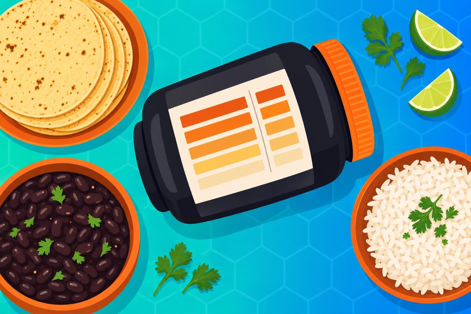 Imagen de un suplemento alimenticio en una botella con etiqueta colorida, rodeado de tortillas, frijoles y arroz en tazones.